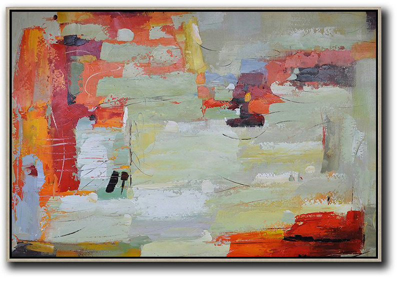 Large Living Room Decor,Oversized Horizontal Contemporary Art,Original Art Acrylic Painting,Red,Light Green,Yellow,Grey.etc